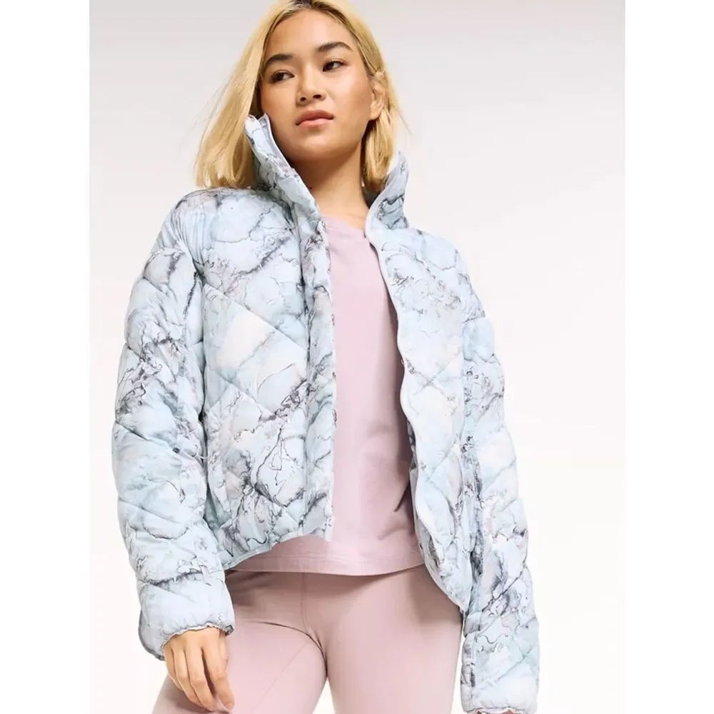 Marble-Print Light Blue Quilted Puffer Jacket